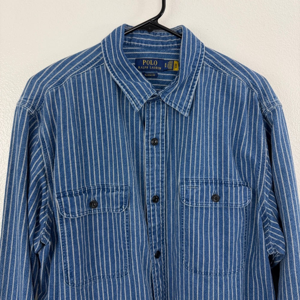 Polo Ralph Lauren Shirt Mens XL Indigo Blue Denim Striped Classic Fit Button Up - Picture 2 of 10